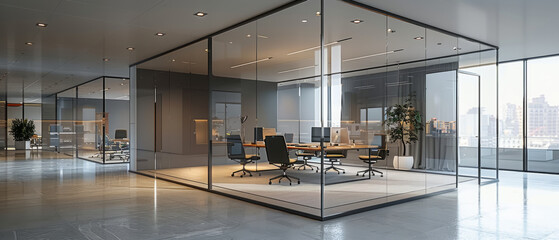Modern office space with glass walls, featuring a conference room with a round table, chairs, and computers. Outside the room, a spacious area with panoramic windows overlooks an urban skyline. - obrazy, fototapety, plakaty