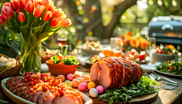 Festive Easter Brunch Spread with Glazed Ham, easter eggs, salads, assorted appetizers and  spring flowers in garden