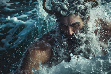 An intimate shot capturing the power and intensity in Poseidon's eyes as he commands the waves of the ocean, photo