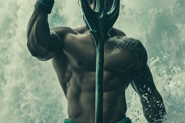 A close-up of Poseidon's strong and muscular arms as he raises his trident high above his head, ready to unleash his wrath, photo - obrazy, fototapety, plakaty