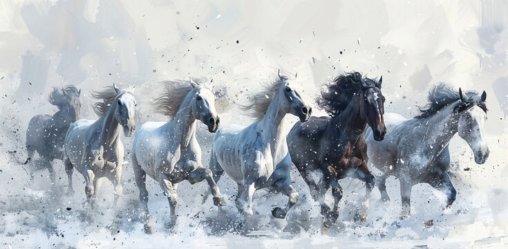 white horses running in a gray white snowy environment