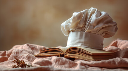 Chef's Hat and Recipe Book on Plain Beige Background