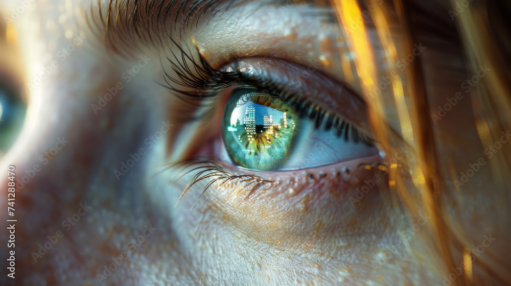 Poster female eye close up with smart contact lens with digital and bio-metric implants to scanning the ocu