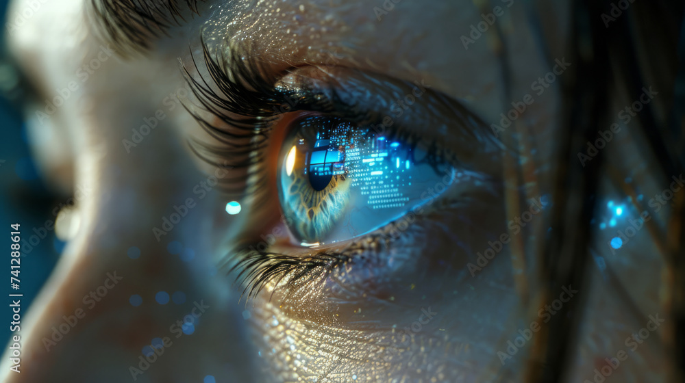 Poster female eye close up with smart contact lens with digital and bio-metric implants to scanning the ocu