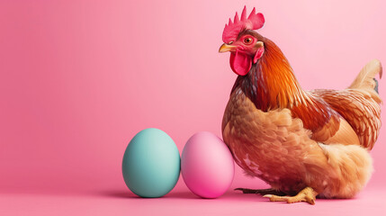 Easter greeting card with brown chicken lying down next to the colorful easter eggs on a pink background.  Minimal Easter background. 