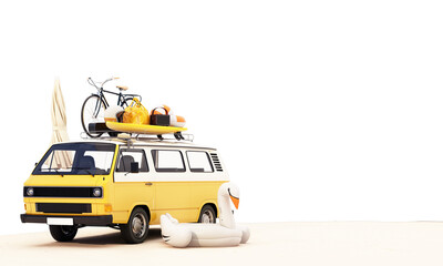 Retro car with baggage and luggage on the roof, fully packed, ready for summer vacation, concept of a road trip with family and friends, dream destination, vivid colors, 3d rendering cartoon style.