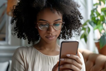 Female checking financial transactions through phone banking app for money management. Concept Personal Finance, Mobile Banking App, Money Management, Financial Transactions, Budgeting