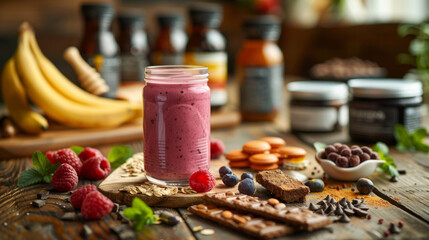 A vibrant smoothie in a glass jar surrounded by an assortment of fresh fruits, nuts, chocolate, and jars of spreads on a rustic wooden table.