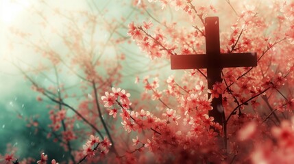 Religious themed wooden cross and spring flowers