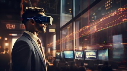 A trader analyzing market movements using virtual reality technology, immersed in a simulated environment displaying real-time data.