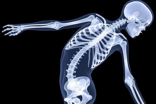 This digital medical illustration presents a detailed radiographic view of the human skeletal system. The X-ray style image features a side profile, showcasing the intricate structure of bones, from
