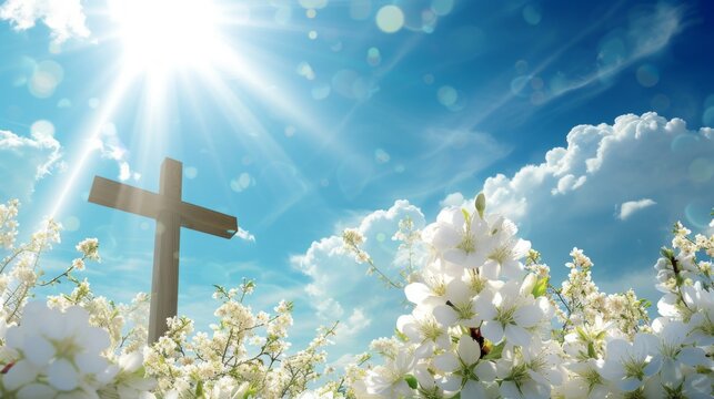 Ethereal Holy Spirit Light over Spring Blossoms and Cross