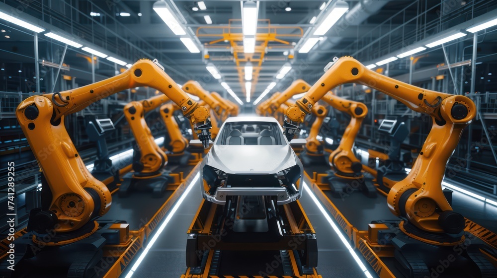 Poster industrial robots assembling a car in an automated factory