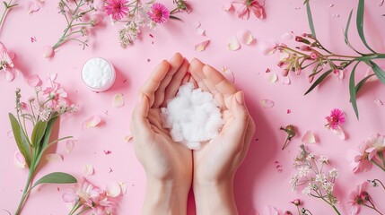 woman's hands holding a facial cotton pad, cream packaging against a pink background represents a step in a skincare routine for healthy skin. Beauty and cosmetic concept. Copy space. 