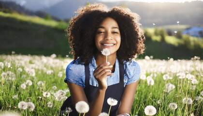 Beautiful Young Woman sitting on the field in green grass and blowing dandelion. Outdoors. Enjoy Nature. Healthy Smiling Girl on summer lawn. Allergy free concept. Gorgeous slim mixed race Caucasian - obrazy, fototapety, plakaty