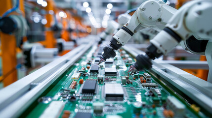 Industrial robot arm assembling electronics on a production line within a manufacturing facility, showcasing advanced automation technology in operation.