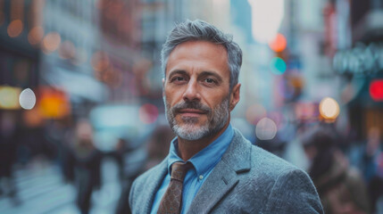 Fototapeta premium Confident mature man in a stylish suit stands on a bustling city street, with a blurred background accentuating his sharp look.