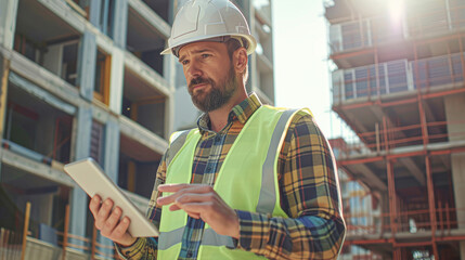 A focused construction supervisor reviews plans on a clipboard at a sunlit industrial site.
