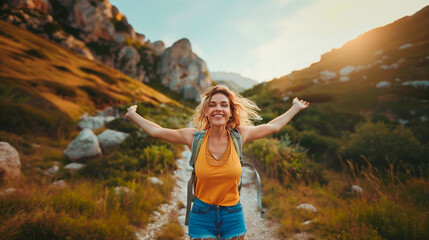 Naklejka premium Backpacker girl in the mountain with open arms