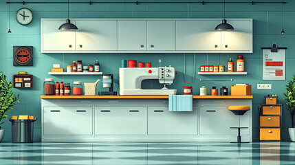 Sewing Machine and Fabric: A 2D Flat Vector Illustration