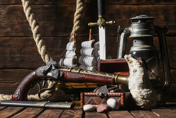 Sea travel or piracy concept background. Sea ship boat, musket gun and compass on the wooden desk...