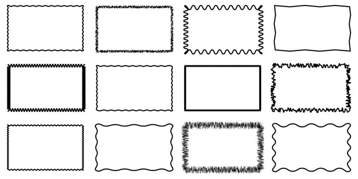 Rectangle Geometric shape frame with wavy edges. Zigzag Wavy Edge rectangle shapes elements set. Vector wavy undalute badge for stickers, banner, social media template, poster,decoration. Vector frame