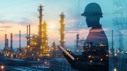 The engineer meticulously monitors the oil rig's pipeline, ensuring the safe transportation of fuel to the petrochemical plant and oil refinery while striving to protect the environment from harmful c