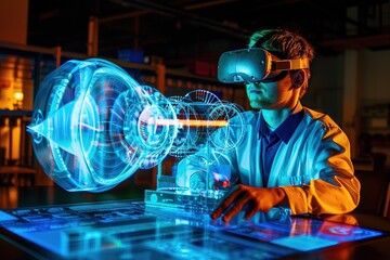 An automotive engineer in a virtual reality headset is working on a prototype of a 3D electric car using gestures in augmented reality.