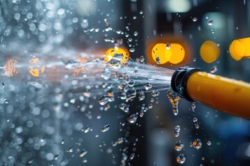 A close-up view of a window being cleaned with a water fed pole, showing soap suds and water cascading down the glass. - obrazy, fototapety, plakaty