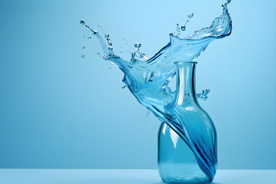 close-up glass transparent vase jug with elegant splashes of water on a blue background,  generated by AI. 3D illustration