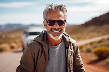 Portrait of a happy senior man standing on the road in the desert