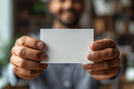 Smiling Businessman Presenting Blank Business Card in Office Environment