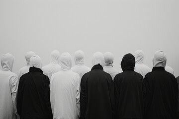 A minimalist composition featuring a faceless crowd in monochrome, highlighting the uniformity of their presence,