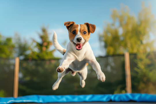 Dog in a jump. Funny animal jumping on a trampoline. Clear weather, active holiday. Photos of funny animals. The joy of a pet. Outdoor trampoline.