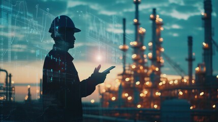 An engineer oversees the operations of an oil rig, ensuring fuel is extracted efficiently and transported through pipelines to petrochemical plants and oil refineries, all while maintaining environmen - obrazy, fototapety, plakaty