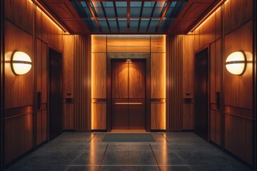 Vintage-Style Elevator Interior With Wooden Panels and Dim Lighting