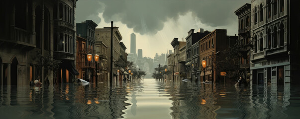Extreme rainfall in dark city.  Flood with high water disaster. climate theme