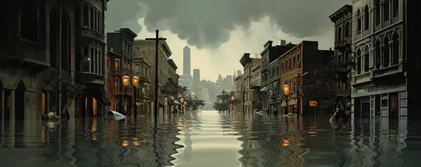 Fotobehang Extreme rainfall in dark city.  Flood with high water disaster. climate theme © amazingfotommm