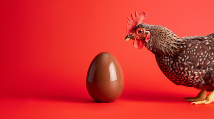 Minimal Easter background with surprised brown hen looking at chocolate easter egg on a red background.  Easter greeting card
