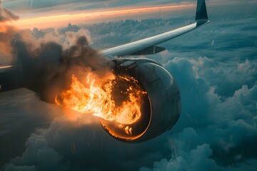 Plane Engine on Fire Midflight: Dramatic Image and Explosion Aftermath. Concept Plane Crash, Emergency Landing, Aviation Safety, Aircraft Accidents, Danger in the Sky