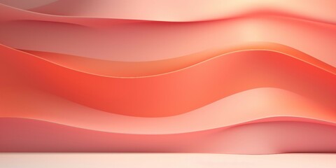 暖色系の抽象横長背景。サーモンピンクの曲線的な壁と平らな床がある立体的空間 - obrazy, fototapety, plakaty