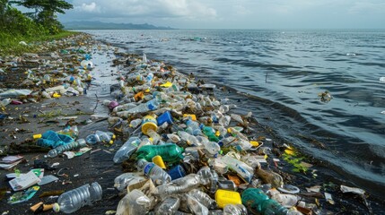 A vast array of plastic waste accumulates along the oceans edge, highlighting a severe environmental issue.
