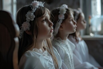 Warsaw, Poland - May 14, 2022: First Communion ceremony for girls