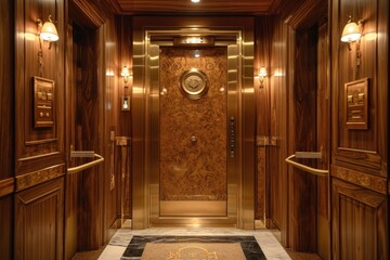 Vintage-Style Elevator Interior With Wooden Panels and Dim Lighting - obrazy, fototapety, plakaty