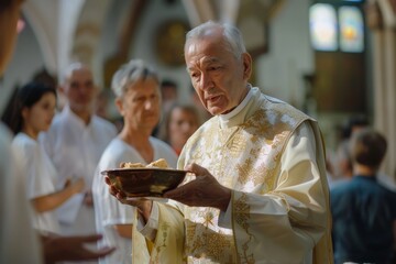 Catholic priest giving Communion bread to the faithful during mass.