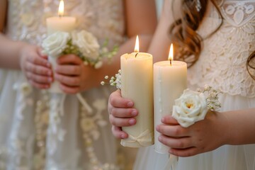 A first holy communion girl's hands with candles
