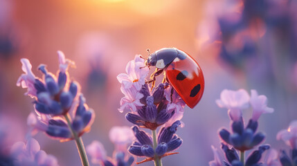Ladybug on lavender flowers. Nature background.	