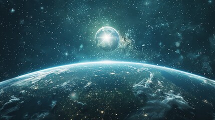 Environmental planet orbit, Across the celestial horizon, a resilient planet orbits gracefully, surrounded by shimmering starlight and cosmic mysteries