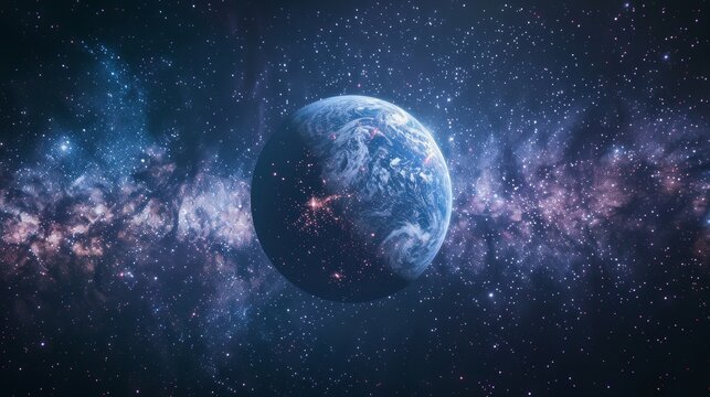 Environmental planet orbit, Across the celestial horizon, a resilient planet orbits gracefully, surrounded by shimmering starlight and cosmic mysteries © MAY