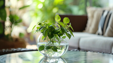 Plant in a glass vase on a table in the living room.